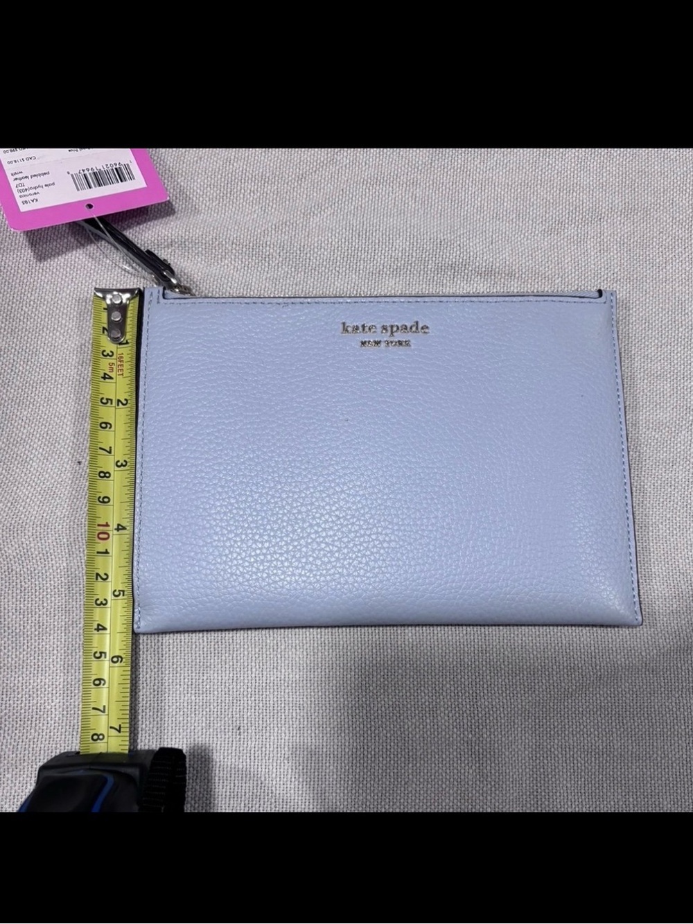 kate spade Pale Blue Pebbled Leather Zip Pouch with Gold Logo